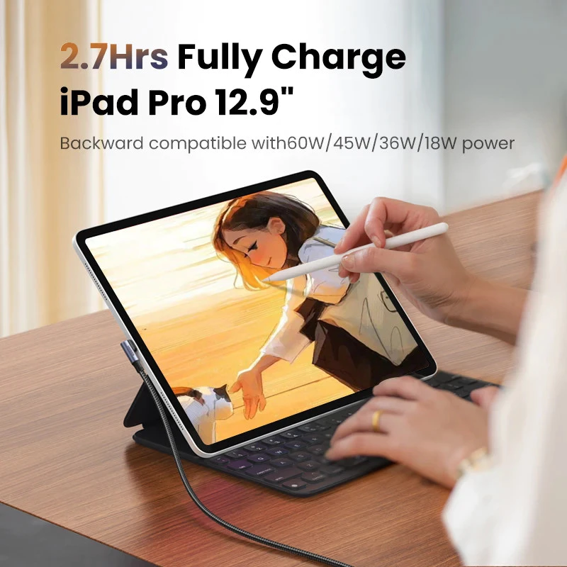Right-angle cable charging an iPad Pro