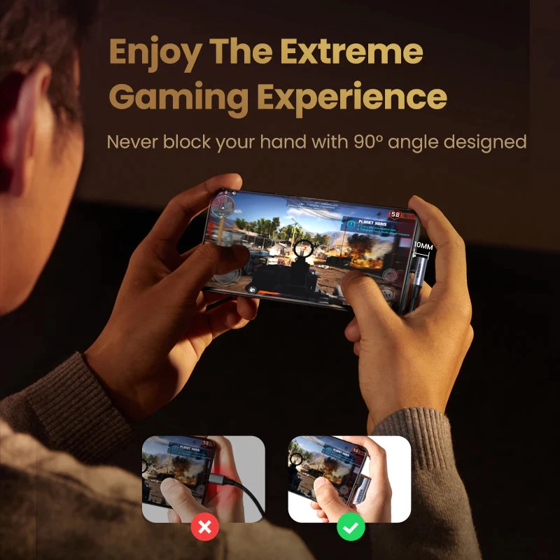Right-angle USB-C cable used for mobile gaming
