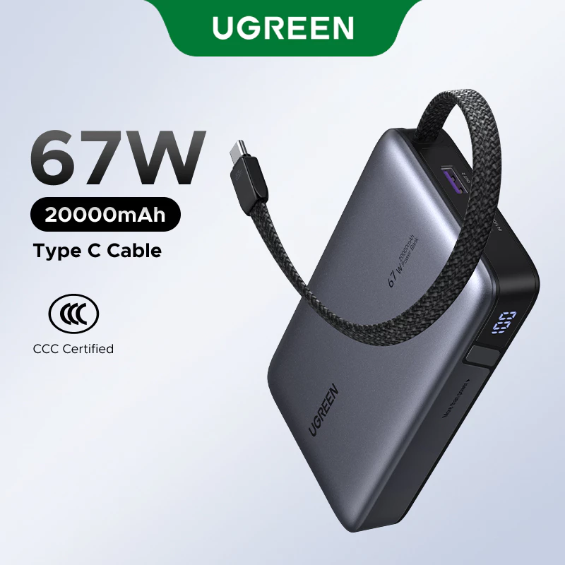 UGREEN 20000mAh 67W power bank with built-in USB-C cable