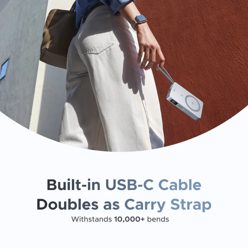 Built-in USB-C cable doubles as carry strap