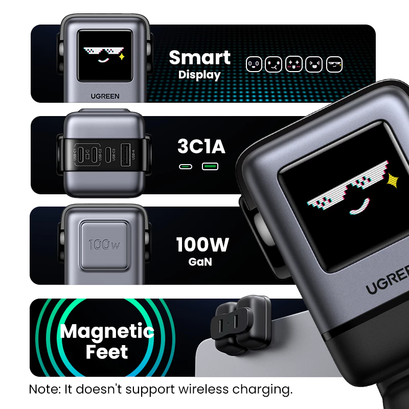 UGREEN charger smart display and 3C1A port layout