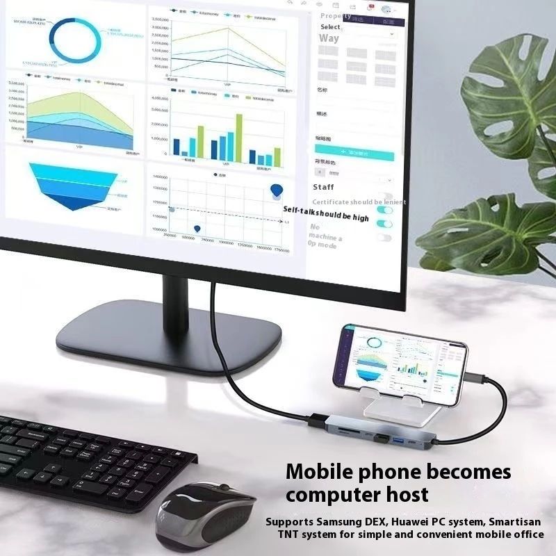 Phone connected through hub to monitor, keyboard and mouse