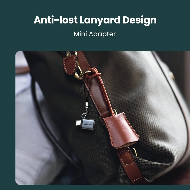 UGREEN mini adapter attached to a bag lanyard